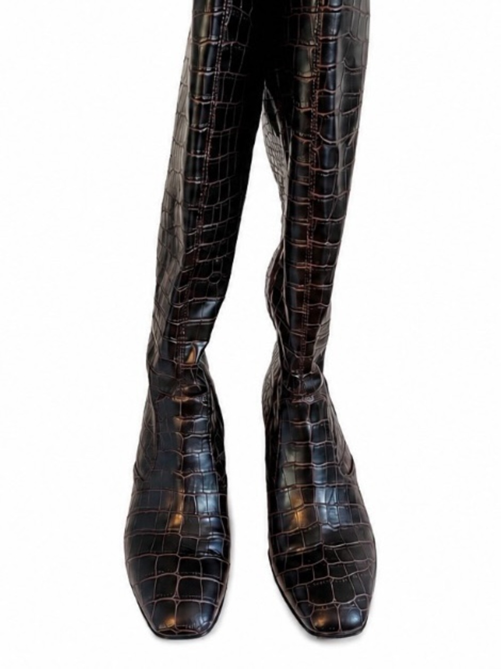 Tall Brown Croc-Embossed Women's Knee Boots